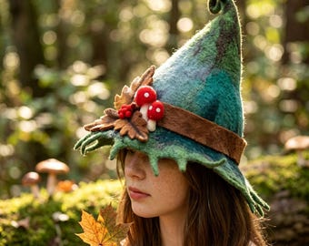 Whimsical Moss Green Forest Witch Hat Handmade Needle Felted Mushroom Fairy Gift