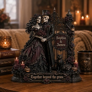 カスタムスケルトンカップル木製ブロック装飾、パーソナライズされたゴシックラブ記念品、ハロウィンウェディング像ギフト記念日ホーム