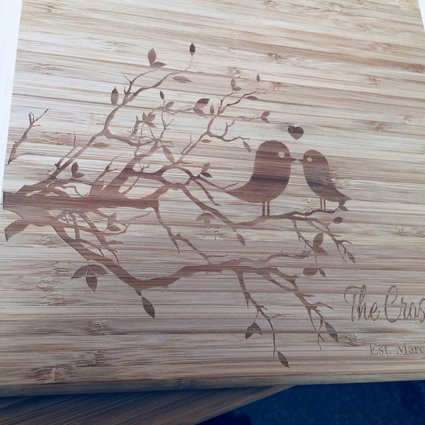 Personalized Lovebirds Cutting Board- Great Wedding Gift Idea. Bamboo Cutting Board. Housewarming Gift, Bridal Shower Gift, Couple's Gift