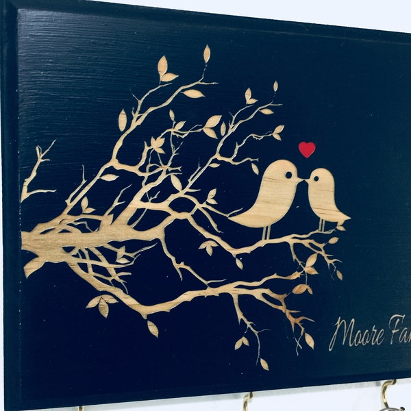 Personalized Key Holder (Engraved Lovebirds)- Great Gift Idea for Wedding, Engagement Gift. Personalized Wedding Gift for Couples