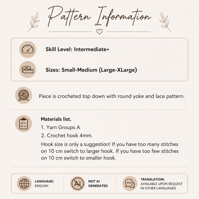 Pode incluir: Um gr&aacute;fico informativo bege intitulado Pattern Information. Lista o n&iacute;vel de habilidade Intermediate+, os tamanhos Small-Medium e Large-XLarge, e observa que a pe&ccedil;a &eacute; feita de croch&ecirc; de cima para baixo com pala redonda e padr&atilde;o de renda.