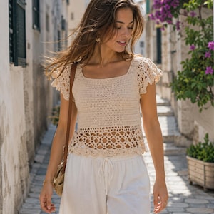 Crochet Flutter Sleeve Top Pattern PDF, Lace Summer Blouse Crochet Pattern, Women's Crochet Top, Intermediate, English, Digital Download
