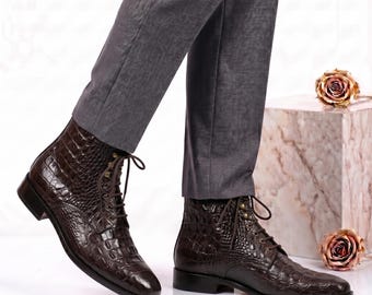 Handgefertigte Braun Krokodil Geprägte Leder Herren Schnürstiefel Seitliche Reißverschluss Ankle Boots