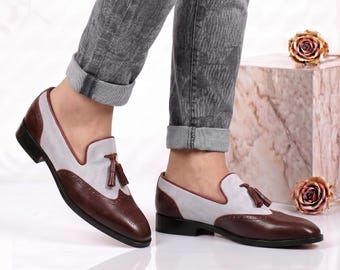 Handgefertigte Herren Spectator Quaste Loafers Mahagoni Leder Weiß Wildleder Wingtip Kleid Schuhe