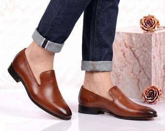 Handgefertigte Leder Ganze Schnitt Loafers für Männer Tan Cognac belgischen Stil Anzug Schuhe