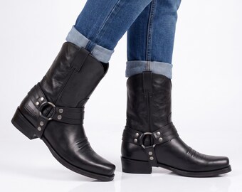 Handgefertigte schwarze Leder Harness Stiefel Herren Western Biker Stiefel Square Toe Motorrad Reitstiefel