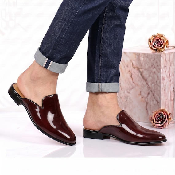 Burgundy Patent Leather Mules Men Handmade Backless Loafers Slip On Dress Shoes