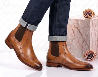 Hellbraune Leder Wingtip Cloche Boots Herren Brogue Ankle Boots Slip On Dress Schuhe
