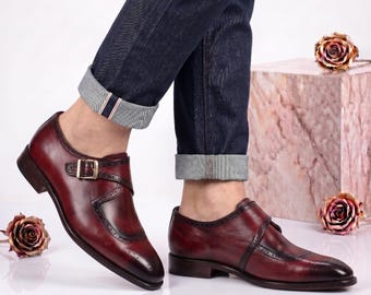 Männer handgemachte Burgund Leder Monk Schuhe brünierte Patina Brogue Kleid Schuhe