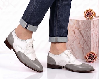 Handgefertigte Männer Weiß Grau Leder Zuschauer Schuhe Wingtip Oxford Brogues Classic Adpper Schuhe