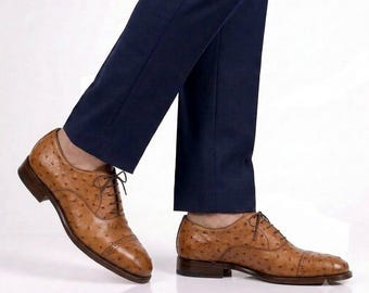 Handcrafted Men's Tan Ostrich Texture Leather Oxfords – Bespoke Cap-Toe Formal Dress Shoes