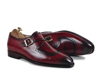Männer Handgefertigte Burgund Leder Monk Schuhe Brünierte Patina Brogue Anzugschuhe USA 10.5