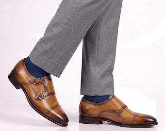 Handgefertigte Herrenschuhe aus hellbraunem Leder mit doppeltem Monk-Riemen und Kappe – Oxford-Schuhe mit individueller, polierter Schnalle