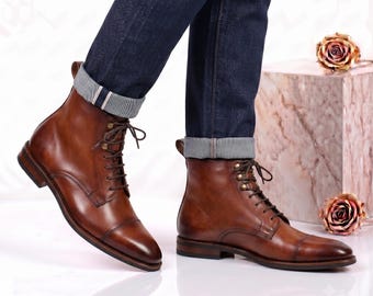 Handgefertigte Braune Cognac Leder Cap Toe Boots Herren Goodjahr rahmengenäht Schnüren Erb Ankle Boots