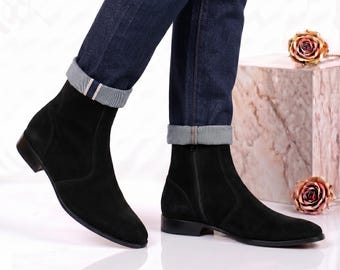 Handgefertigte schwarze Wildleder Side Zip Boots für Männer Sleek Pointed Toe Ledersohle Artisan Ankle Boots