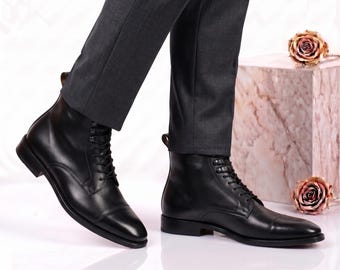 Handmade Schwarz Leder Cap Toe Boots Herren Schnüren Artisan Derby Ankle Boots Dress Boots Bootera