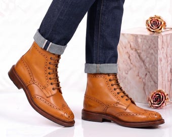 Tan Leather Wingt Brogue Boots Herren Handmade Goodjahr rahmengenähte Country Boots Acorn