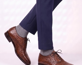 Handcrafted Men's Tan Ostrich Texture Leather Oxfords – Bespoke Cap-Toe Formal Dress Shoes