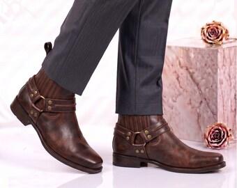 Handmade Brown Leather Harness Chelsea Boots for Men Artisan Biker Style Ankle Boots