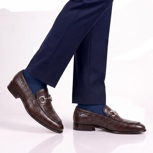 Handmade Dark Brown Python Embossed Leather Mens Bit Loafers Gold Buckle Horsebit Slip On Dress Shoes