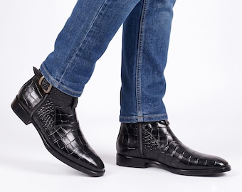 Männer Schwarze Krokodil Geprägte Leder Jodhpur Boots Handmade Buckle Zip Ankle Boots