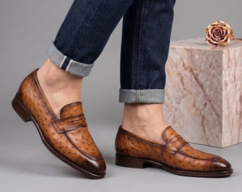 Cognac Straußenleder Penny Loafers Handgefertigte Männer Luxus Slip Ons