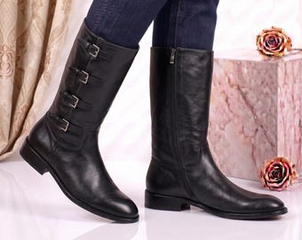 Handgefertigte Leder Hohe Schnalle Stiefel Männer Offizier Stiefel Custom Biker Stiefel