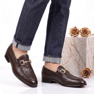 Brown Python Snake Embossed Leather Loafers Men Handmade Horse bit Slip On Luxury Dress Shoes Bootera