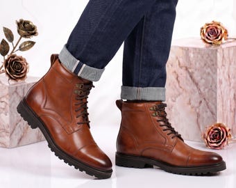 Cognac Leder Cap Toe Herrenstiefel Handgefertigter Reißverschluss Side Lug Sole Dress Boot