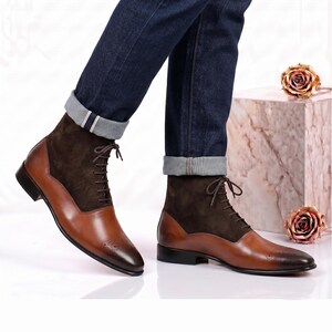 Bootera Handmade Brown Leather and Suede Balmoral Boots Men Victorian Two Tone Dress Boots