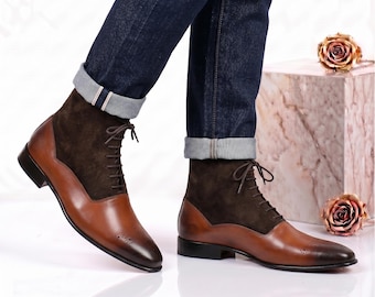 Bootera Handmade Braun Leder und Wildleder Balmoral Boots Herren Victorian Two Tone Dress Boots