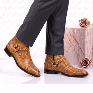 Handmade Tan Snakeskin Harness Boots Men Exotic Leather Western Biker Bootera