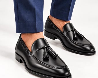 Handmade Black Leather Tassel Loafers for Men – Bespoke Slip-On Dress Shoes, Formal Wedding & Business Footwear