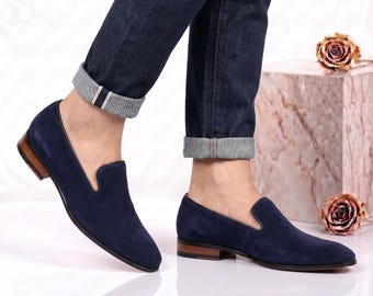 Navy Wildleder Belgische Müßiggänger Herren Luxus Handgefertigte Slip On Schuhe Blaue Wildleder Mokassins