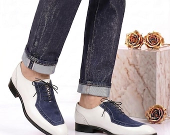 White Leather and Navy Suede Mens Two Tone Oxfords Handmade Spectator Dress Shoes