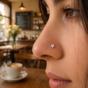 Può includere: Un piercing per il naso color argento con un design a forma di piccolo fiore a cinque petali. Il centro del fiore è incastonato con una singola pietra trasparente a taglio rotondo, circondata da cinque pietre più piccole che formano i petali.