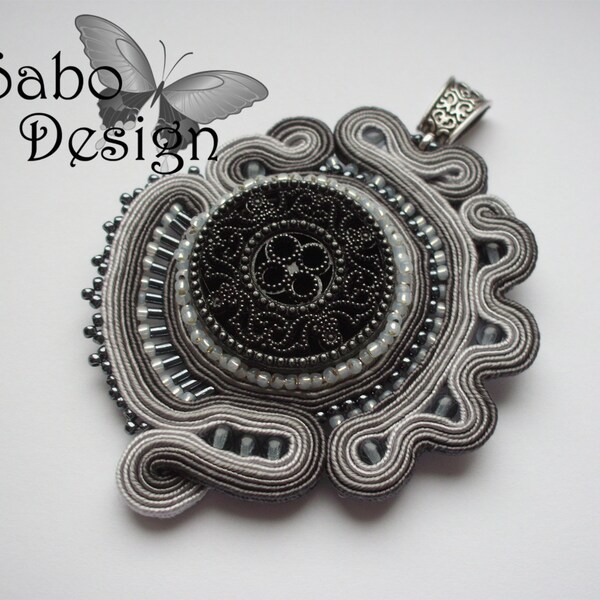 SHADES OF GRAY - soutache pendant, handmade, embroidered in dark gray and light gra satin strips. Perfect gift - oaak.