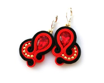 Statement soutache earrings - red black earrings - birthday gift for wife - birthday gift for girlfriend - Crystal earrings  gift for sister