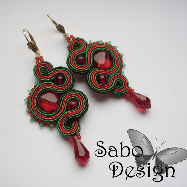 FRIDA - soutache earrings,  handmade, embroidered in red, green and olive satin strips, Swarovski crystals. Perfect gift - oaak.
