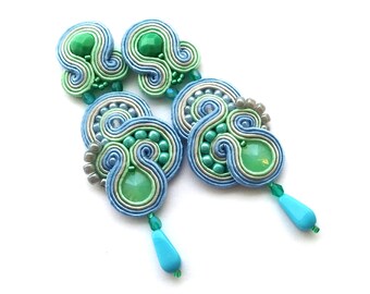 Soutache earrings - Soutache clip on earrings - mint green blue earrings - statement earrings crystal earrings Boucles d'oreilles pendientes