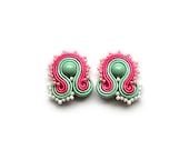 Clip-on earrings soutache clip on post earrings orecchini ohrringe mint green pink fuschia Boucles d'oreilles jewelry statement bridesmaid