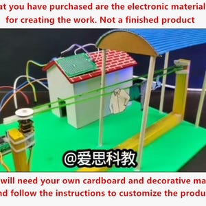 May include: A DIY electronic model kit featuring a small house with a red roof, a green base, and a motorized clothesline system with miniature paper clothing. The text reads: What you have purchased are the electronic materials used for creating the work. Not a finished product. You will need your own cardboard and decorative material and follow the instructions to customize the product. @爱思科教