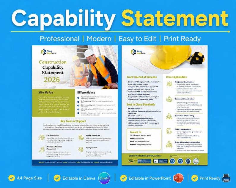 May include: A two-page construction capability statement template featuring a blue, white, and green colour scheme. The document includes sections for company overview, differentiators, key areas of support, track record, and core capabilities.
