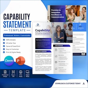 May include: A capability statement template for Canva and PowerPoint featuring a professional layout with blue and white color schemes. The document includes sections for company overview, core services, and team photos, with text detailing AV media systems.