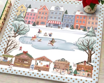 Charming and Whimsical Christmas Winter Village Scene with Christmas Markets and Ice Skating Mahjong Mat, Non Slip Mat