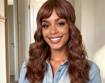 24 Inch Light Brown Long Wavy Wig with Bangs Adjustable Cap Handmade Human Hair Daily Wear Cosplay Party