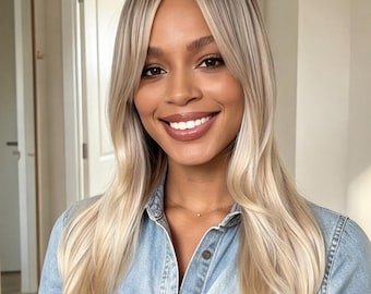 22 Inch Dark Root Ombre Milk Tea Blonde Straight Layer Wig Curtain Bangs Human Hair