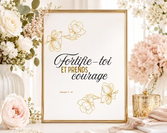 Christian printable design – Be strong and courageous – Joshua 1:9 – Floral portrait PDF PNG