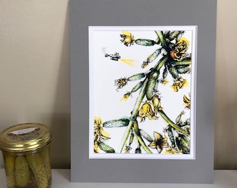 Print of Pickle Cucumber Watercolor Painting, Yellow Flowers Painting, Submarine Illustration, Botanical Drawing Art Print, Sci Fi