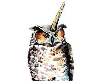 Print of Great Horned Owl Watercolor Painting, Animal Art, Animal Poster, Unicorn horn, Funny Animal Illustration, Bird painting, wall art